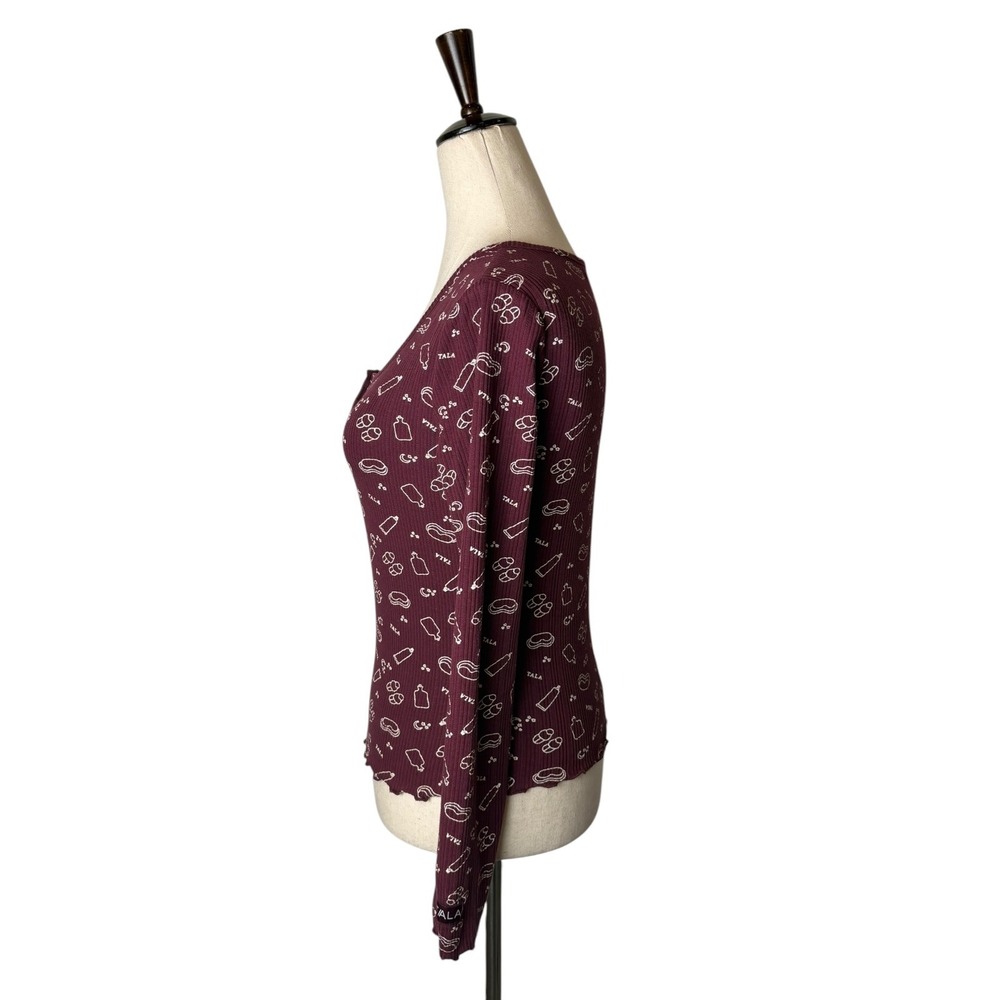 Tala Sleepwear Henley Women Small Port Burgundy Ribbed Lettuce Hem Pajama Top - Picture 5 of 10
